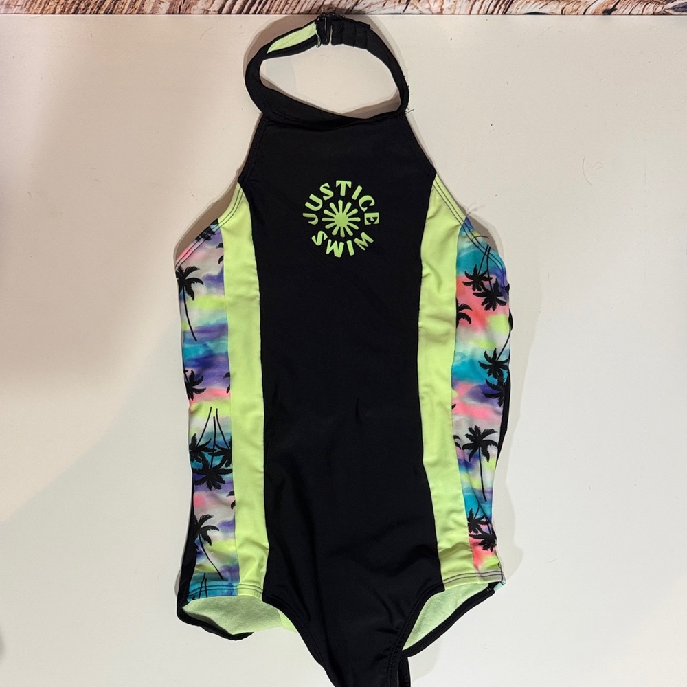 Justice Kids One-Piece Swimsuit - Black with Neon and Multicolor